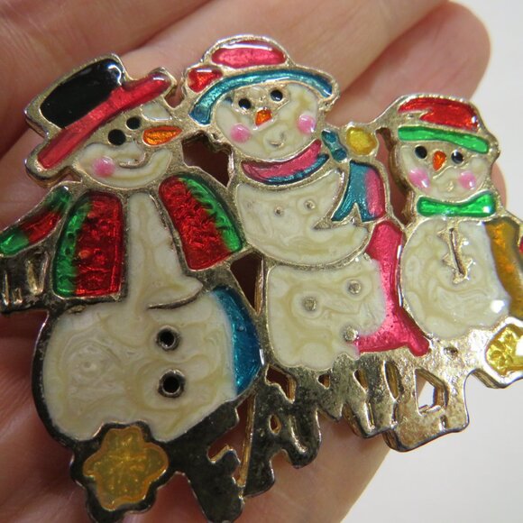 Vintage Enamel Snowman Family Winter Holiday Brooch Lapel Pin - Picture 3 of 10
